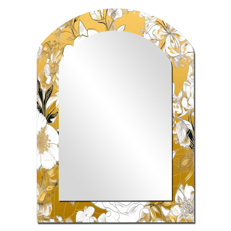 Floral floral doré, floraison de roses blanches sauvages - miroir asymétrique rose, miroir mural décoratif arche blanche, impression d'art en métal