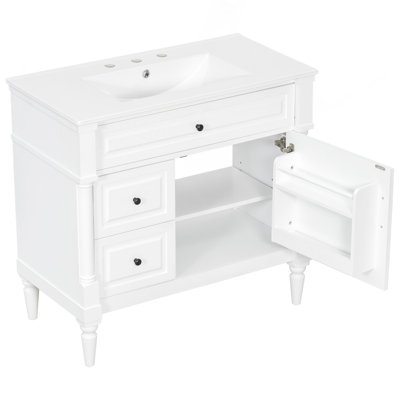 36" Bathroom Vanity with Sink, Freestanding Bathroom Cabinet with Ceramic Basin, Flip Drawer, Adjustable Shelf, Rubberwood Frame & MDF Panels, Metal Handles, White Painted Finish