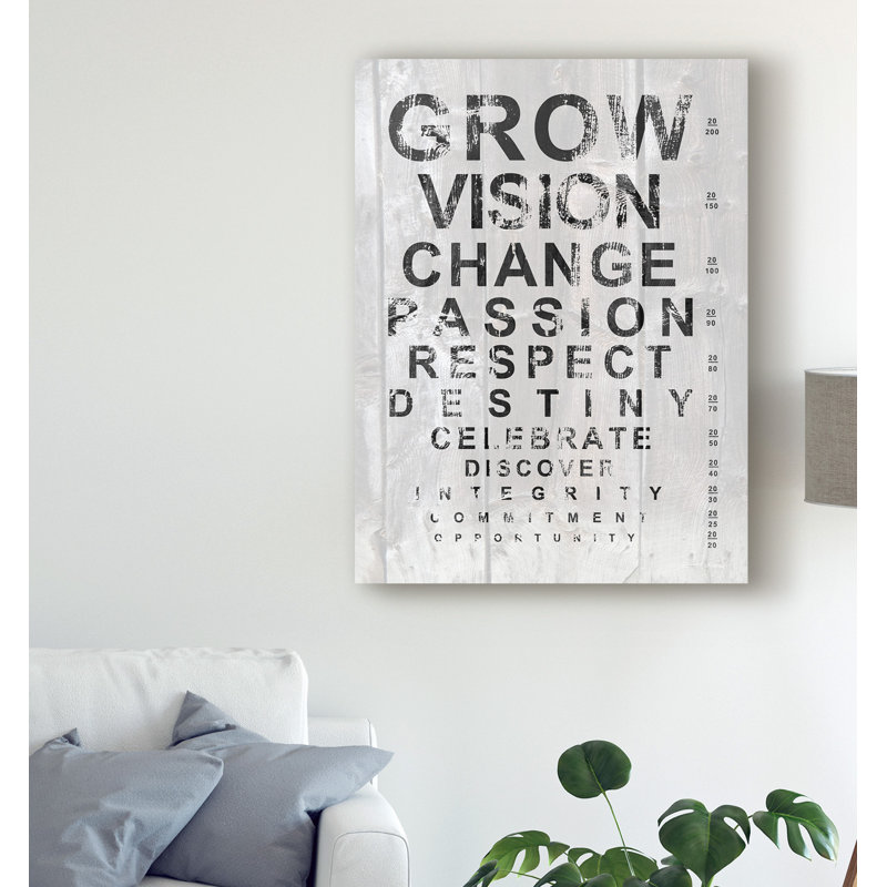 « eye chart ii », art textuel sur toile tendue, H 19 po x l 14 po x P 2 po