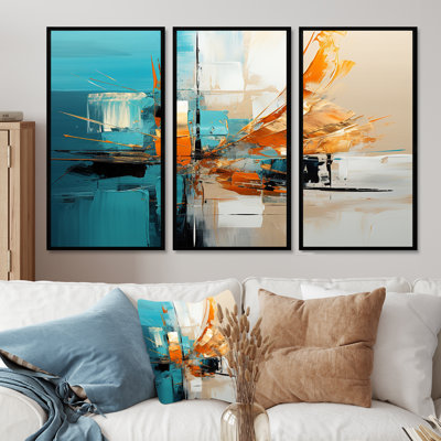 Glorieux coucher de soleil orange turquoise abstrait - ensemble de salon abstrait art mural