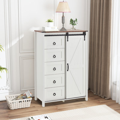 5 Drawers Dresser With Cabinet, 48" Tall Chest, Wooden Closet Dresser With Sliding Barn Door For Living Room, Hallway