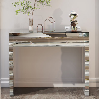 Console à miroir, coiffeuse argentée pour miroir courbé au four avec 2 tiroirs, table d'appoint décorative en miroir convenant au couloir et au salon, coiffeuse à miroir