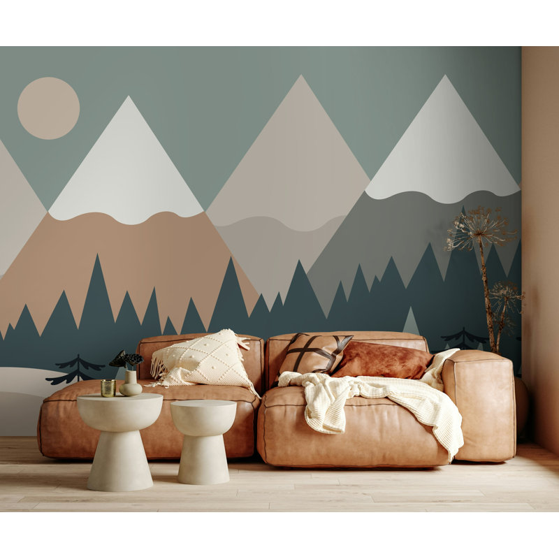 Papier peint amovible Snowy Row of Geometric Mountains Forest, L 98,04 po x l 120 po