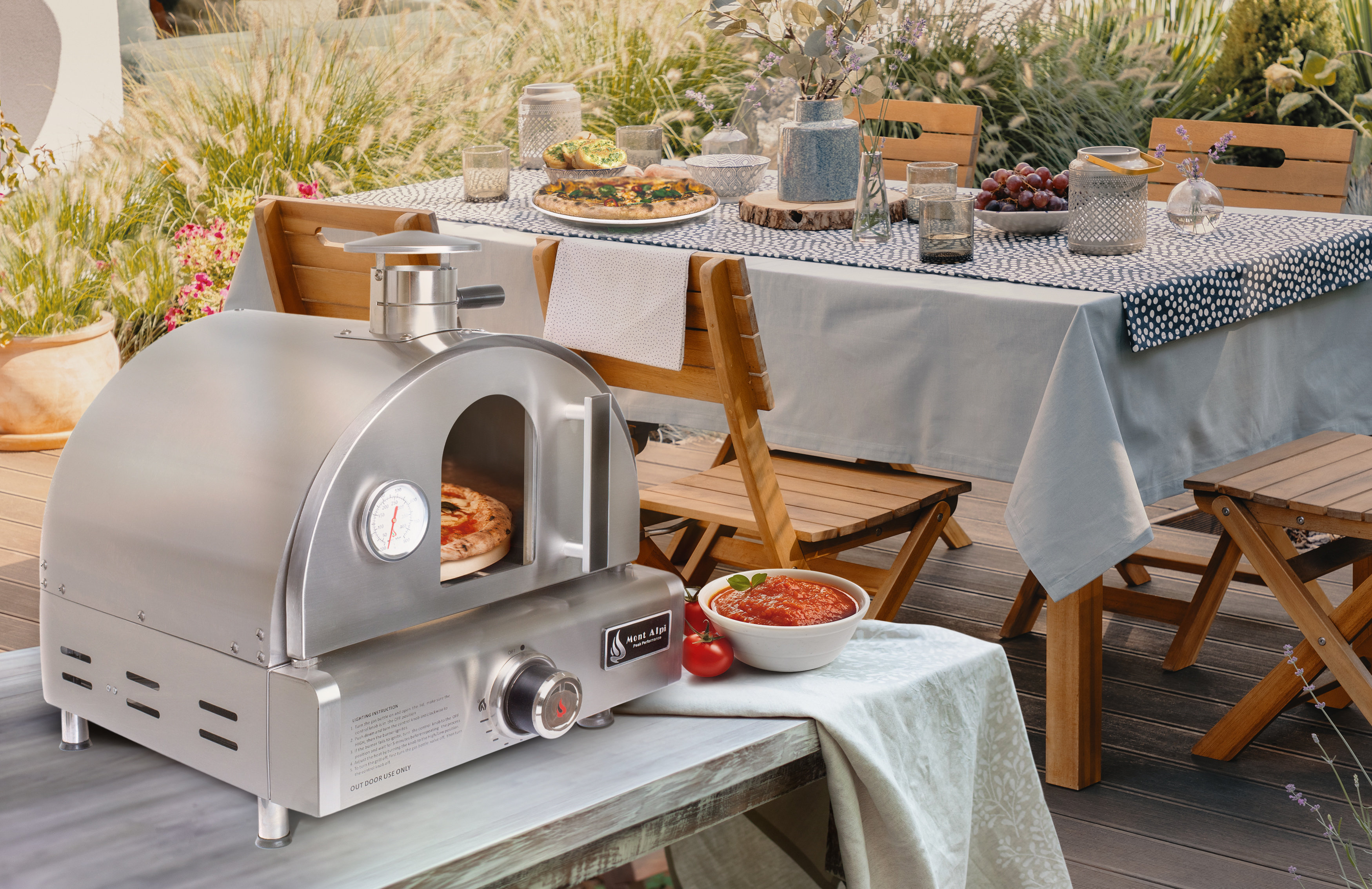 Mont Alpi MAPZ-SS Countertop Table Top Stainless Steel Portable Outdoor Gas Pizza Oven + Pizza 