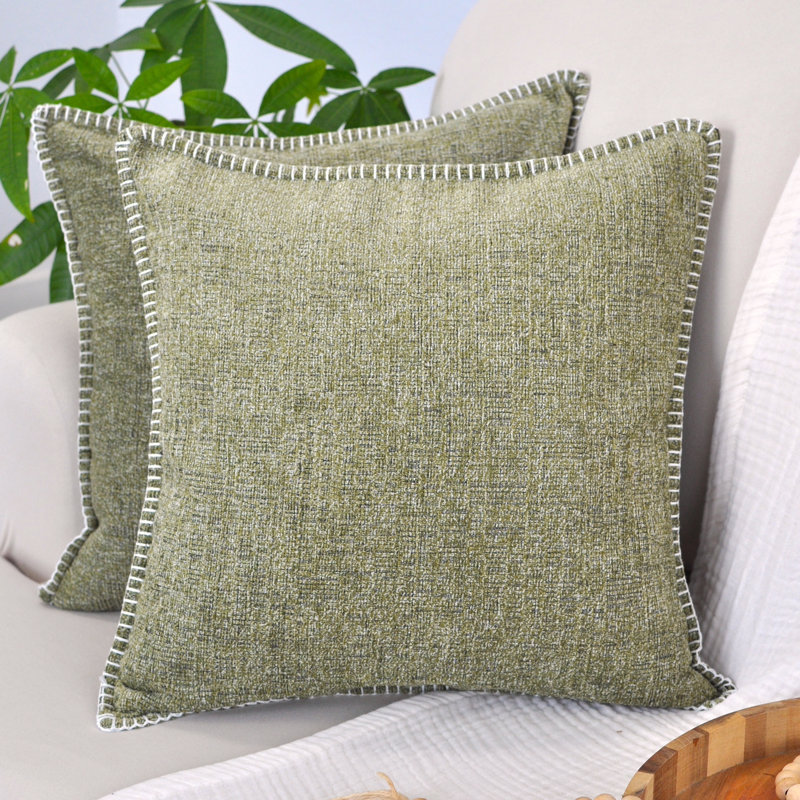 Olive Green Chenille Square Throw Pillow Covers with Stitched Edge, Set of 2