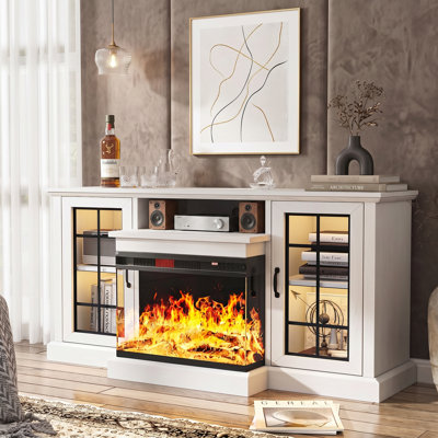 3-Sided Glass Fireplace TV Stand with LED Lights, Farmhouse Media Console Entertainment Center