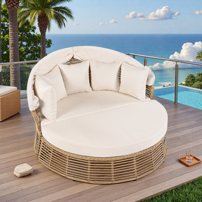 Outdoor Patio Rattan Round Daybed With Retractable Canopy, Removable Cushions And Adjustable Feet