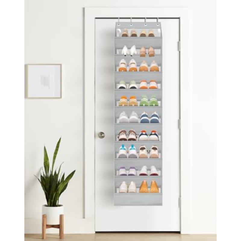 10 Tier Clear Over The Door Shoe Organizer Storage, Deep Pockets Large Hanging Shoe Rack For Closet Door, Fit 20 Pairs Shoe Holder Hanger For Boots (Grey)