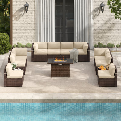 Rikuto Outdoor Slanted-Back Sectional Sofa With 2 Coffee Table, Fire Pit Table