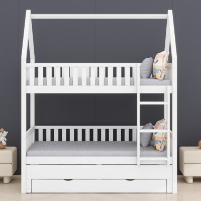 Sturdy House Style Bunk Bed, Safety Guardrail, Pull Out Trundle & Three Organizer Drawers