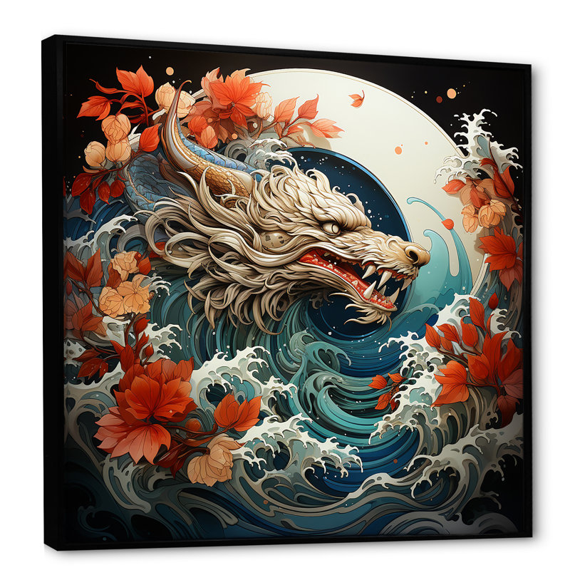 Vague de dragon japonais au large de Kanagawa II - Dragons, art mural, Cadre flottant noir, H 30 po x l 30 po