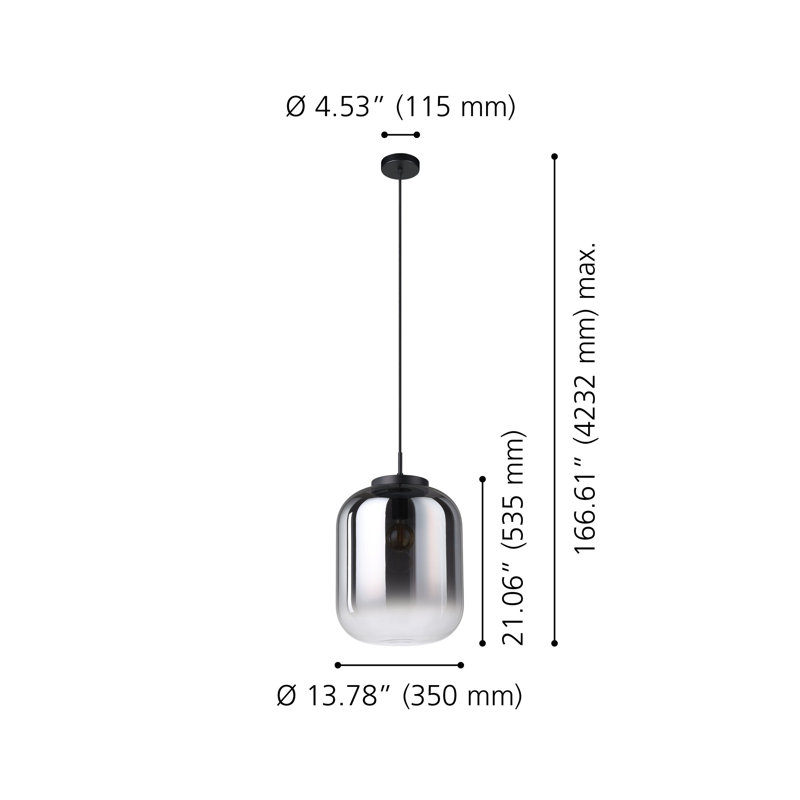 Luminaire suspendu noir 1 lumière avec abat-jour en verre fumé chromé, H 166,61 po x l 13,78 po x P 13,78 po