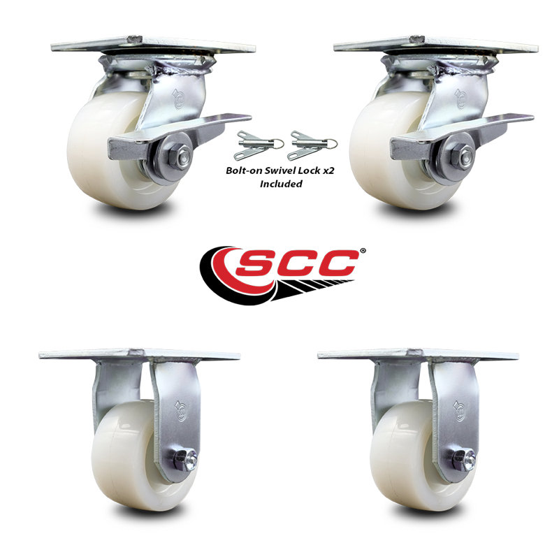 4 Inch Nylon Caster Set 2 Brakes/Swivel Locks and 2 Rigid Service Caster Brand
