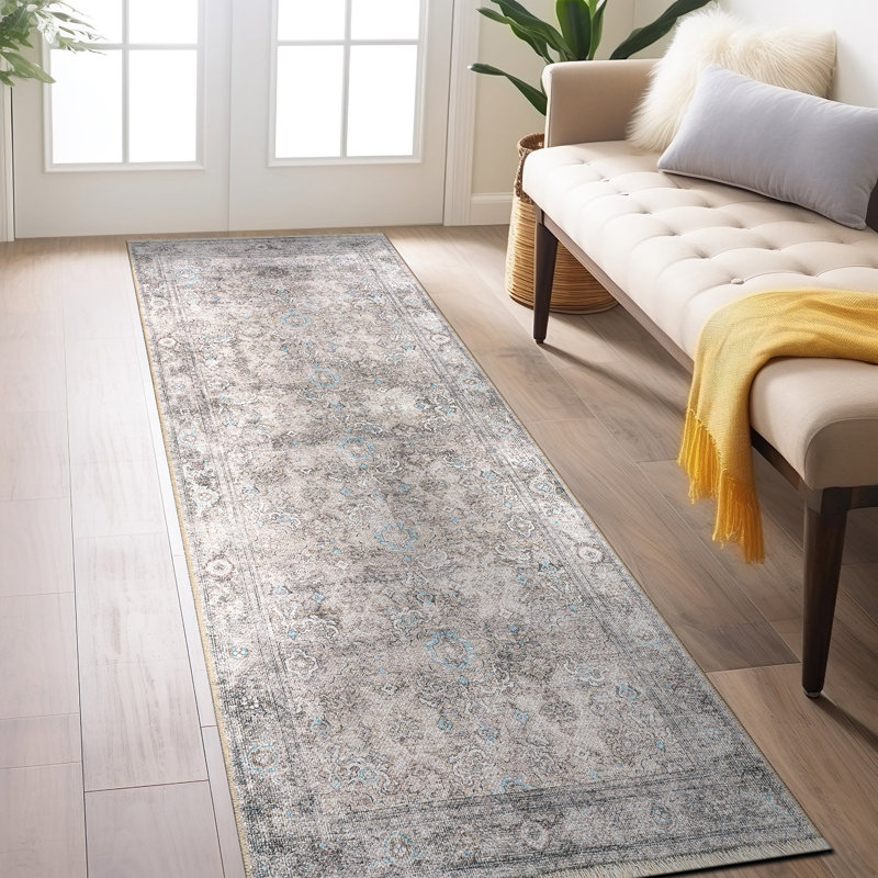 Tapis oriental rouge / beige lavable à la machine Kromer, Tapis de couloir 2 pi 6 po x 10 pi