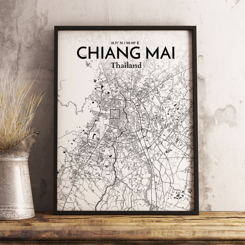 Chiang Mai City Map - Unframed Graphic Art Print on Paper, 50.8cm H x 40.6cm W x 0.13cm D, Grey/White