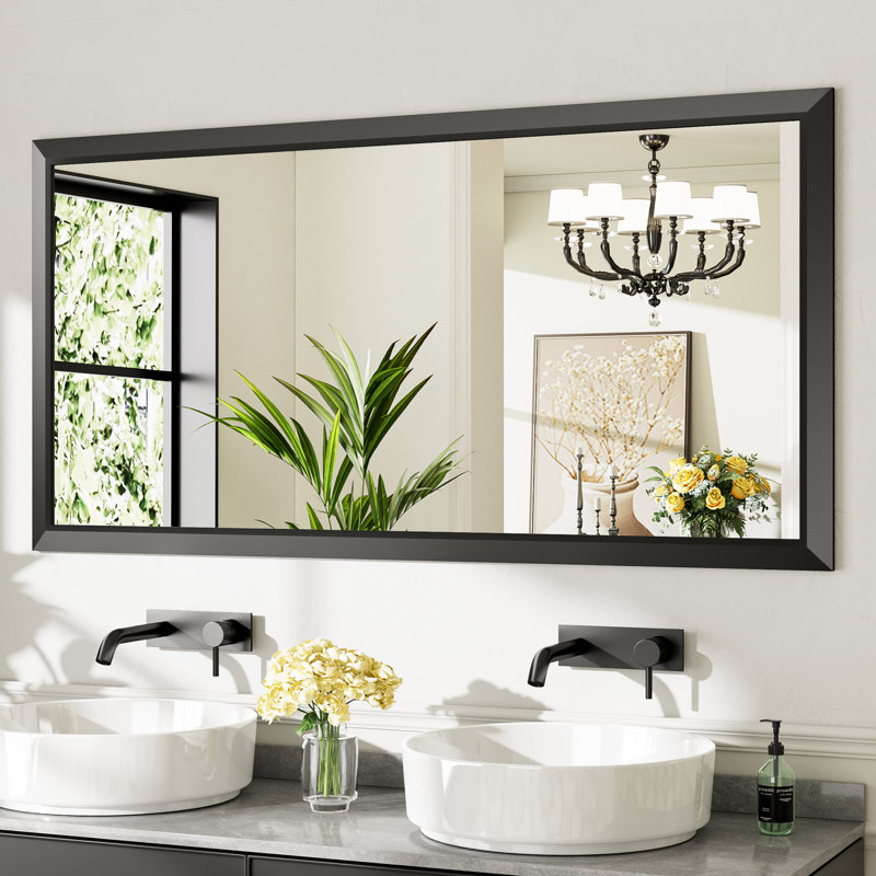 Miroirs de salle de bain modernes et contemporains en métal biseauté rectangulaire / carré avec verre trempé HD, Noir mat
