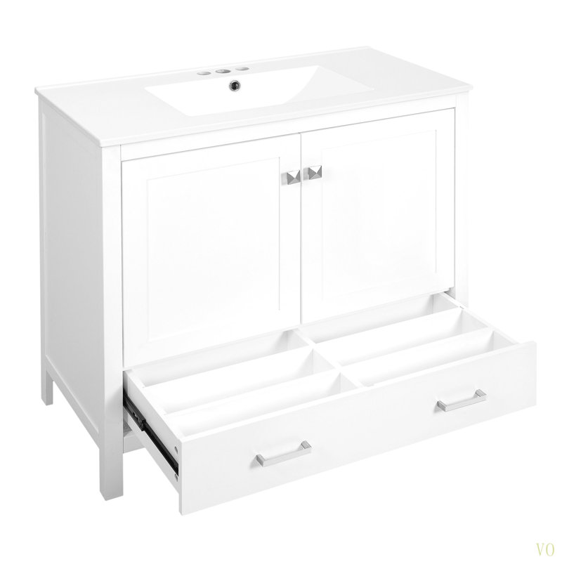 Meuble-lavabo de 36 po avec lavabo en céramique, portes à fermeture en douceur, étagères de rangement doubles et tiroir divisé