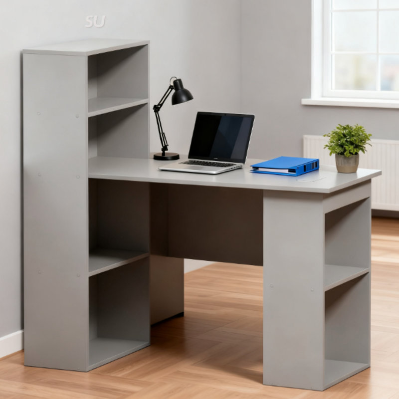 Bureau d'ordinateur compact avec bibliothèque, parfait pour un petit bureau à domicile et un poste de travail efficace