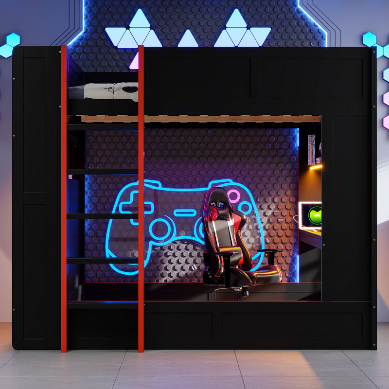 Full-Size Wood Gaming Loft Bed with Desk, Storage, LED Lights & Charging Station, Black