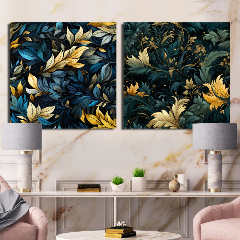 Feuille bleue et verte Harmony - Ensemble de 2 collages floraux et botaniques carrés, H 16 po x l 33 po, Toile tendue