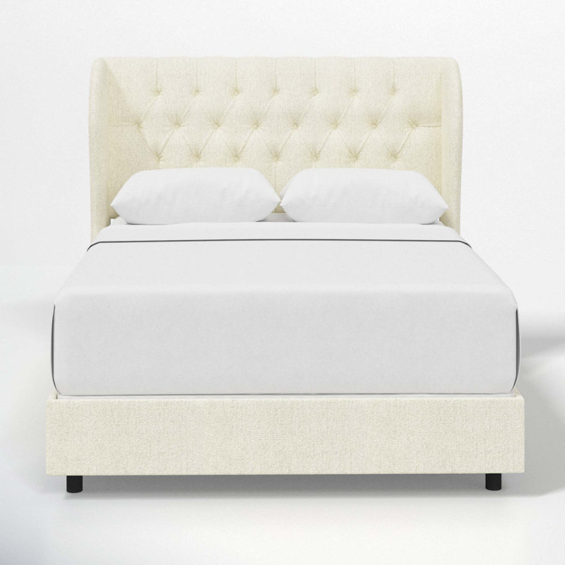 Lit tapissier capitonné standard à profil bas Tomey, Reine, Tweed Sustain® toile Milsap