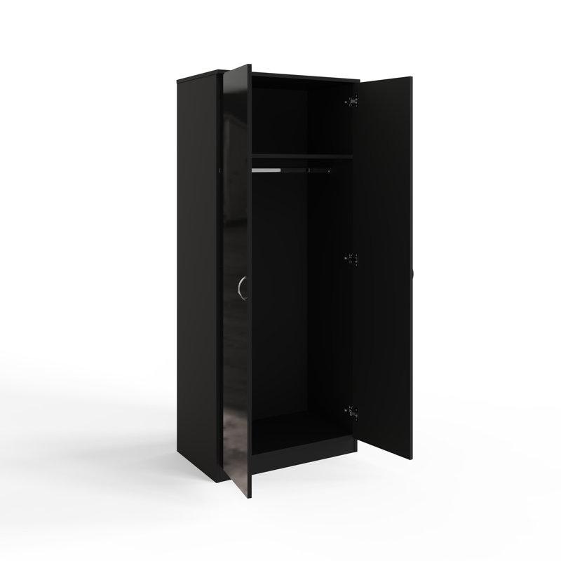 Brendle 2 Door Mirror Wardrobe - High Gloss Finish, Soft Close Doors, Full-Length Mirror, Polished Metal Handles, Matt Black