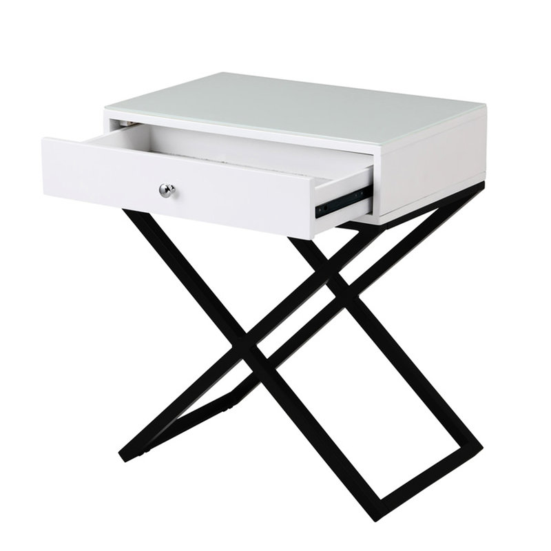Table blanche 23 po avec plateau en verre, tiroir et table de chevet en bois