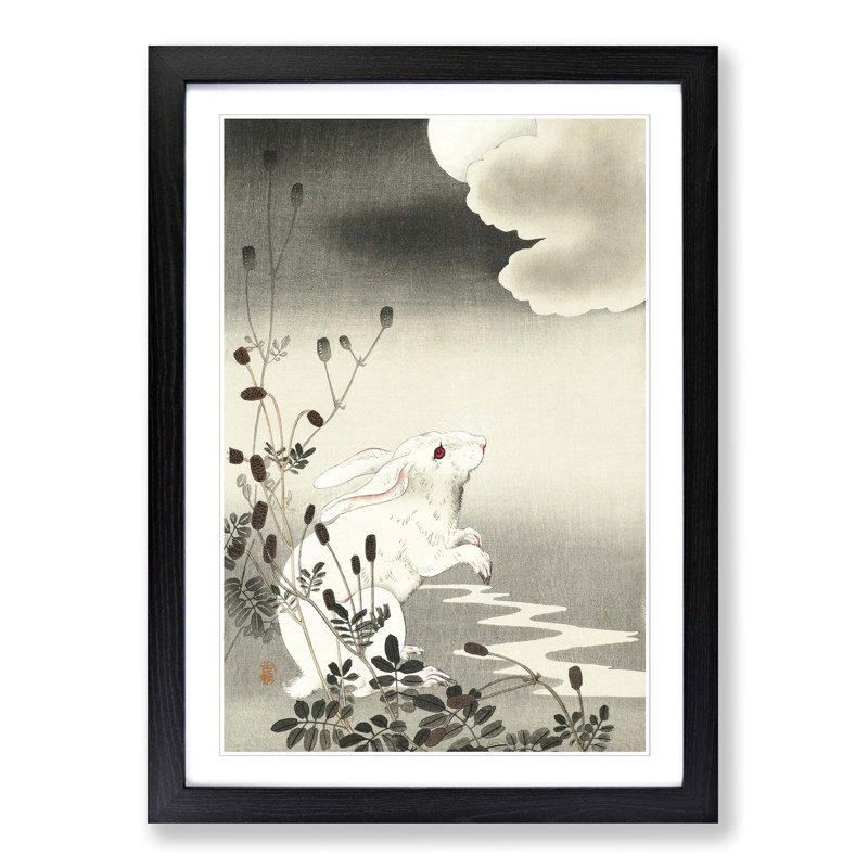 Rabbit at Full Moon by Ohara Koson - Picture Frame Painting Print on MDF, Black Framed, 65cm H x 48cm W x 2cm D