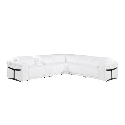 White Italian Leather Modular L Shaped Six Piece Corner Sectional With Console