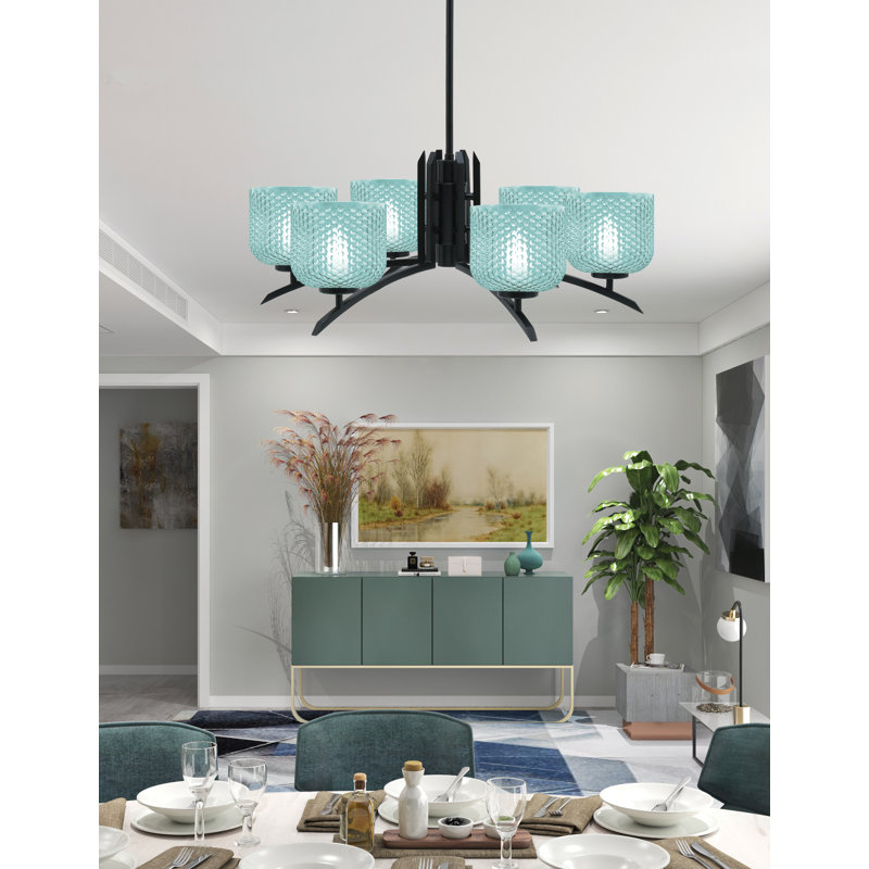 Lustre lumineux avec verre texturé turquoise de 6 po, H 58,25 po x l 27,5 po x P 27,5 po, Noir mat, 6