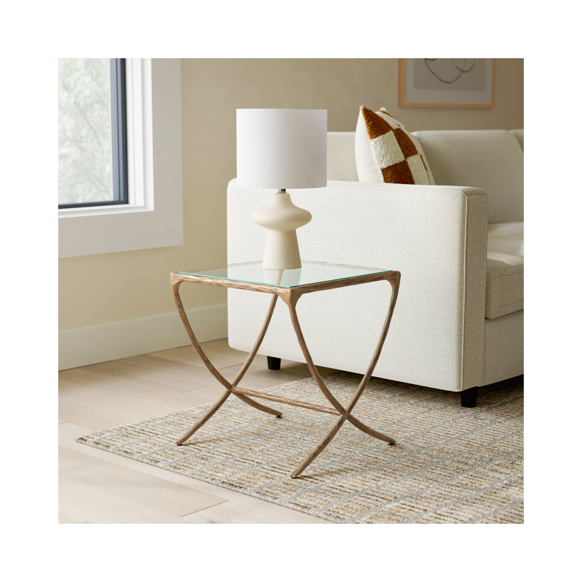 Evelynn Glass End Table, Brass