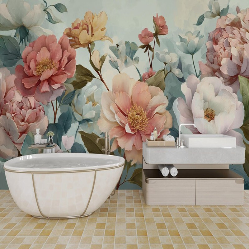 Papier peint rétro avec fleurs dans des tons pastel, L 96 po x l 108 po