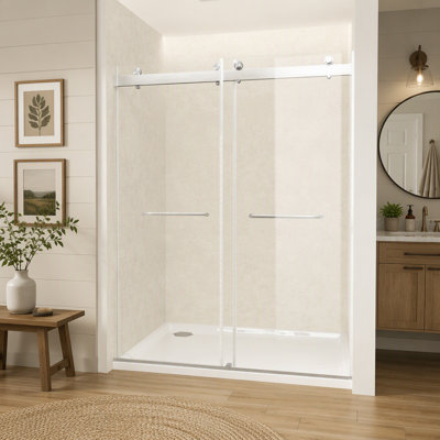 Portes de douche coulissantes en verre sans cadre de 56 à 60 po de largeur x 76 po de hauteur avec verre trempé transparent de 3/8 po (10 mm), nickel brossé