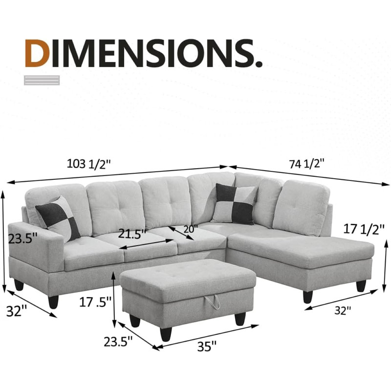 Canapé modulaire en forme de L de 103 po avec repose-pieds de rangement, Orienté à droite, Flanelle blanc cassé