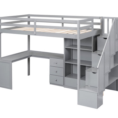 Twin Loft Bed With L-Shaped Desk, Cabinet, Drawers, And Beyond Doubt Staircase - Gray Size Storage-Filled