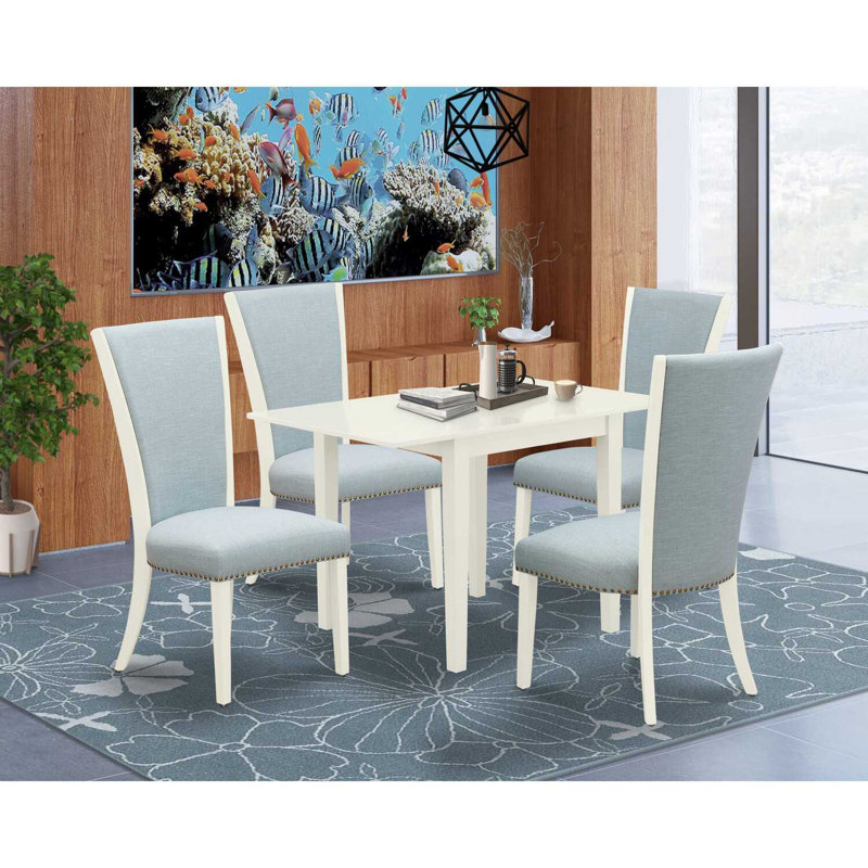 3-Piece Rectangular Solid Wood Top with Dropleaf Dining Table Set, Linen White, Baby Blue