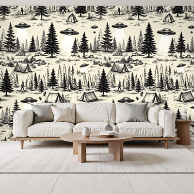 Sci-fi papier peint adhésif peler et coller Ufo noir enlèvement espace camping pins arbres tentes Lacs Campfires murales H 69 po x l 96 po amovible papier mural en PVC auto-adhésif décoration murale pour chambre à coucher salon bureau à domicile
