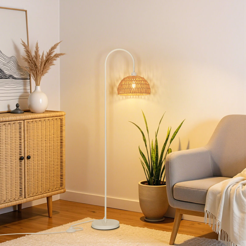 Aarzo 62" Arched/Arc Rattan Floor Lamp, White