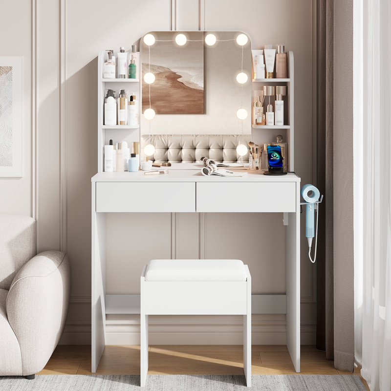 Makeup Vanity With LED Lighted Mirror & Power Outlet, Vanity Desk With 2 Drawers, 4 Shelves, Hair Dryer Rack, White