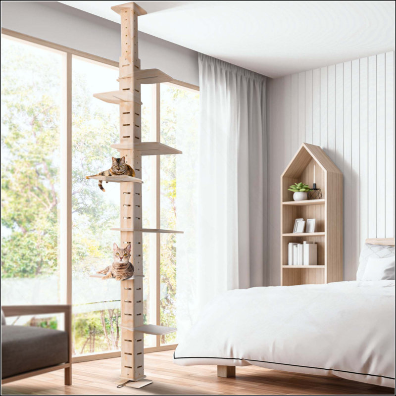 Arbre à chat à hauteur ajustable du sol au plafond, condo à plusieurs niveaux pour chat vertical, centre d'activité avec cadre d'escalade et tablettes pour chats d'intérieur