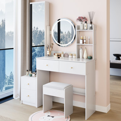 17" Diameter Led Mirror Vanity Table With 3 - Color Brightness Modifiable Lighting Fixture, Full Body Cabinet And Cushioned Stool, American Style White Dressing Package Design : Touch Enabled Mirror,