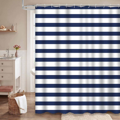 Colours Autumn Stripes Peony Blue Navy Shower Curtain with 12 Hooks