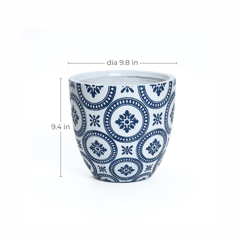 Blue and White Flower Pattern Round Tapered Tall Mgo Planter, Indoor and Outdoor, 9.4" H x 9.8" W x 9.8" D