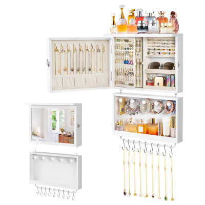 Wall‑Mounted Jewelry Organizer Cabinet with Mirror, Large Capacity Hanging Jewelry Storage Box with Earring Holes, Necklace Hooks, Cosmetic Storage Shelf for Bedroom Closet Vanity,Black