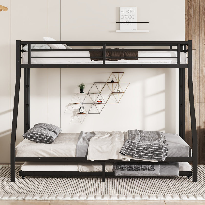 Twin XL Over Queen Metal Bunk Bed with Twin Trundle, Space-Saving, Black