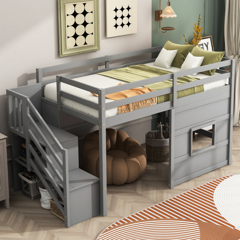 Twin Size Loft Bed With Storage Staircase And Joyful Window In Gray - Wood For A Playful Bedroom Space Strong, Gray