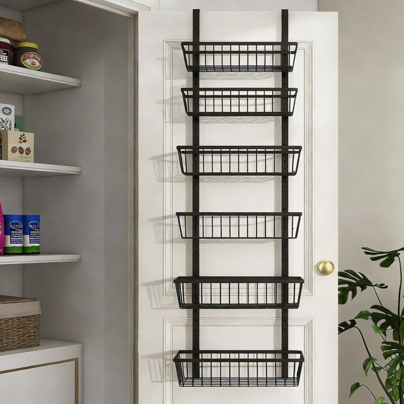 Organisateur de garde-manger au-dessus de la porte, étagère de rangement étroite à 6 niveaux avec paniers profonds réglables, système de rangement mural épice et étagère de cuisine robuste en métal