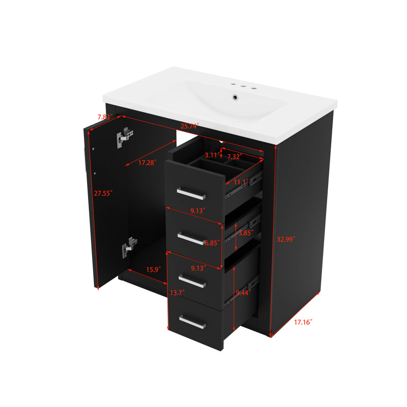 Meuble-lavabo de 30 pouces avec lavabo en céramique intégré et 3 tiroirs à fermeture silencieuse, Noir, Argent argent