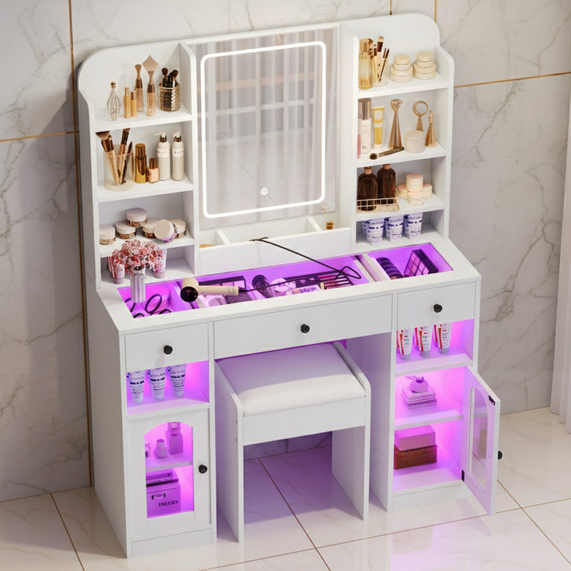 3-Drawer Vanity Desk With LED Mirror And Light Cabinets And Stool, White