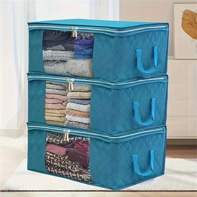 3 pièces Boîte de rangement pliante non tissée Sac de rangement pour courtepointe Boîte de rangement pour vêtements, Bleu